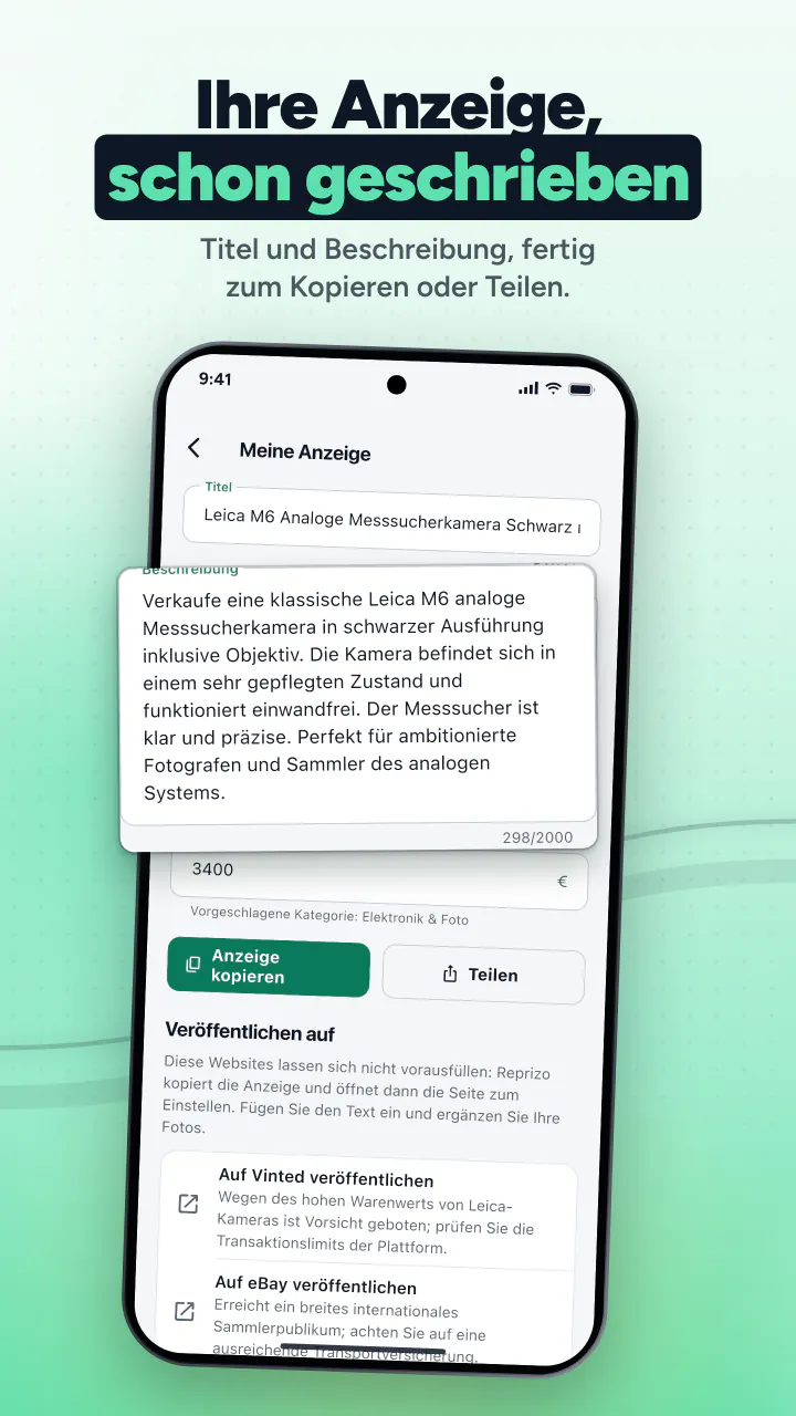 Ihre Anzeige, schon geschrieben. Titel und Beschreibung, fertig zum Kopieren oder Teilen.