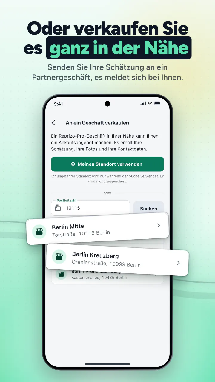 Oder verkaufen Sie es ganz in der Nähe. Senden Sie Ihre Schätzung an ein Partnergeschäft, es meldet sich bei Ihnen.