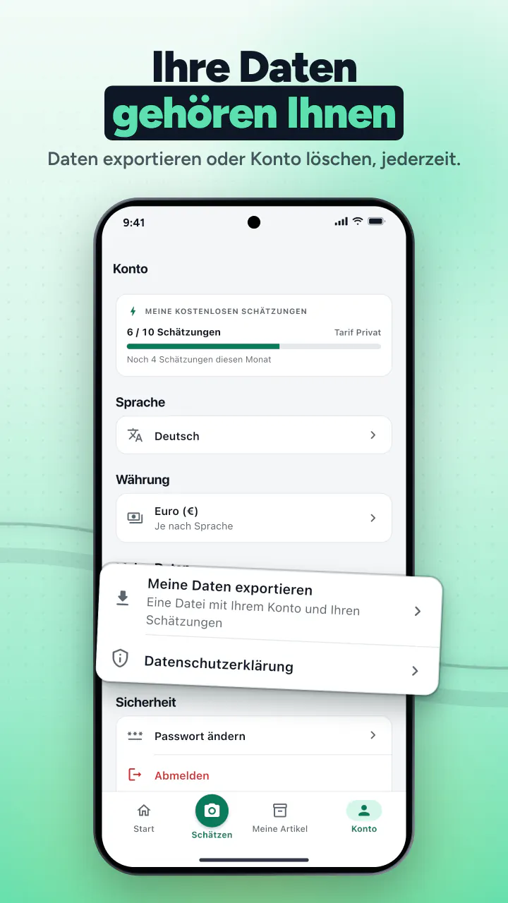 Ihre Daten gehören Ihnen. Daten exportieren oder Konto löschen, jederzeit.