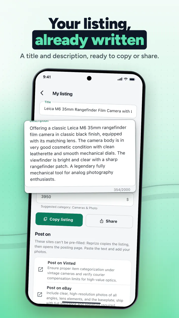 Your listing, already written. A title and description, ready to copy or share.