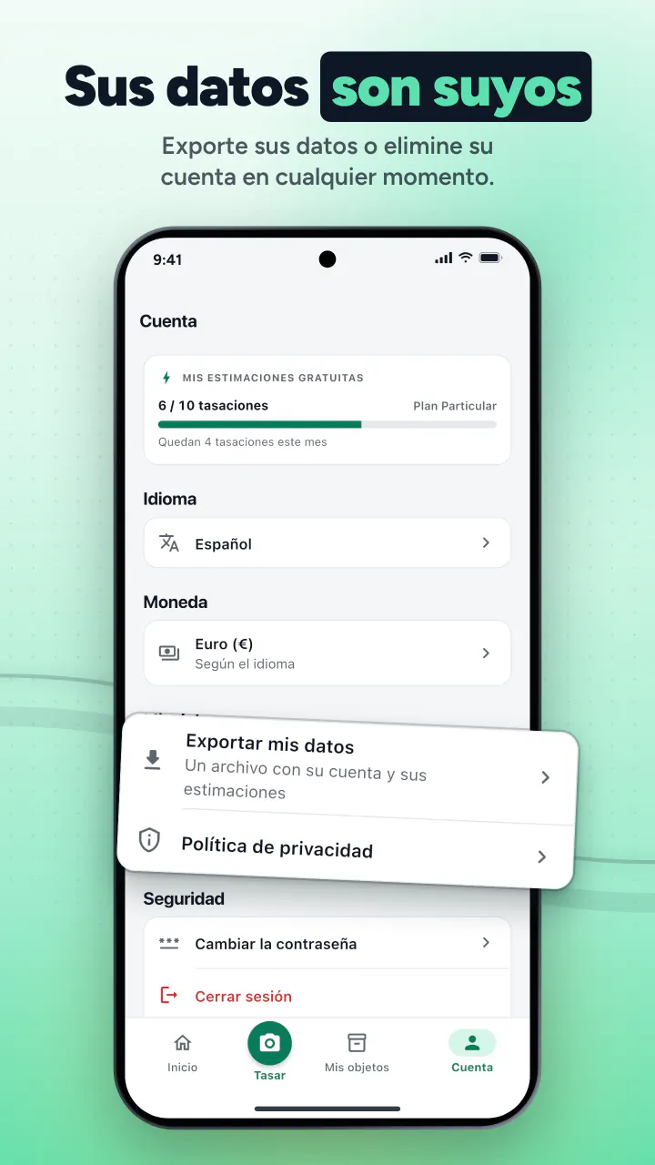 Sus datos son suyos. Exporte sus datos o elimine su cuenta en cualquier momento.