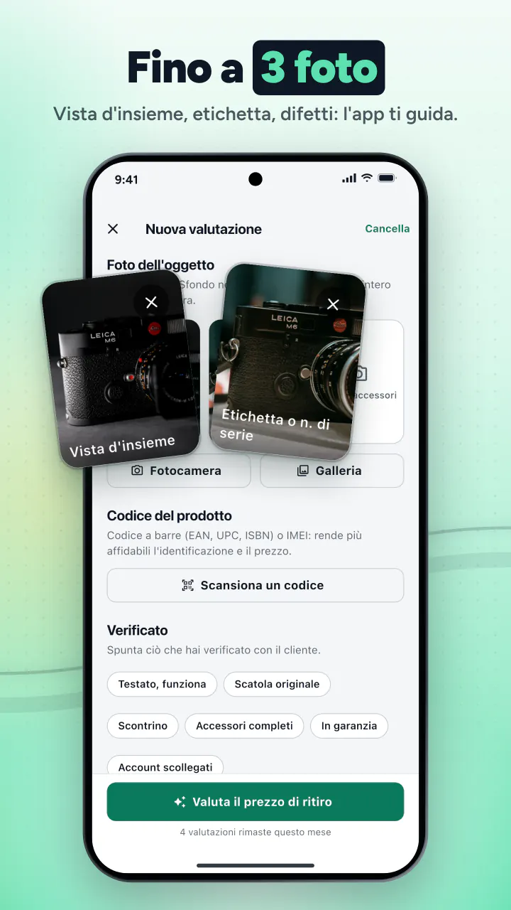 Fino a 3 foto. Vista d'insieme, etichetta, difetti: l'app ti guida.