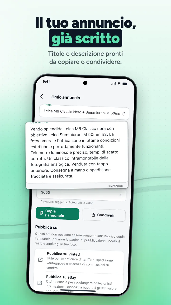Il tuo annuncio, già scritto. Titolo e descrizione pronti da copiare o condividere.