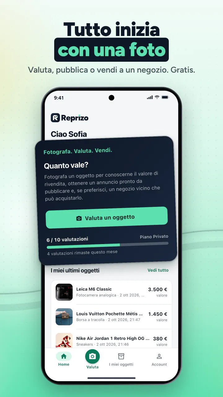 Tutto inizia con una foto. Valuta, pubblica o vendi a un negozio. Gratis.