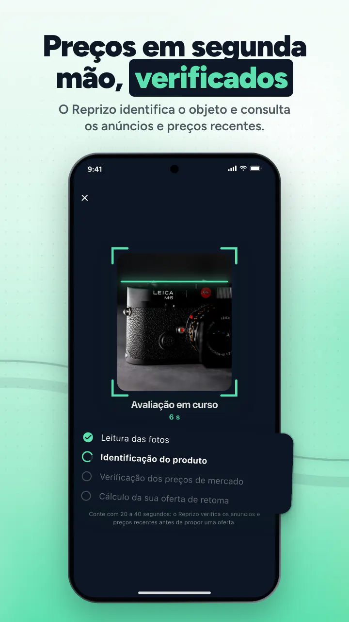 Preços em segunda mão, verificados. O Reprizo identifica o objeto e consulta os anúncios e preços recentes.