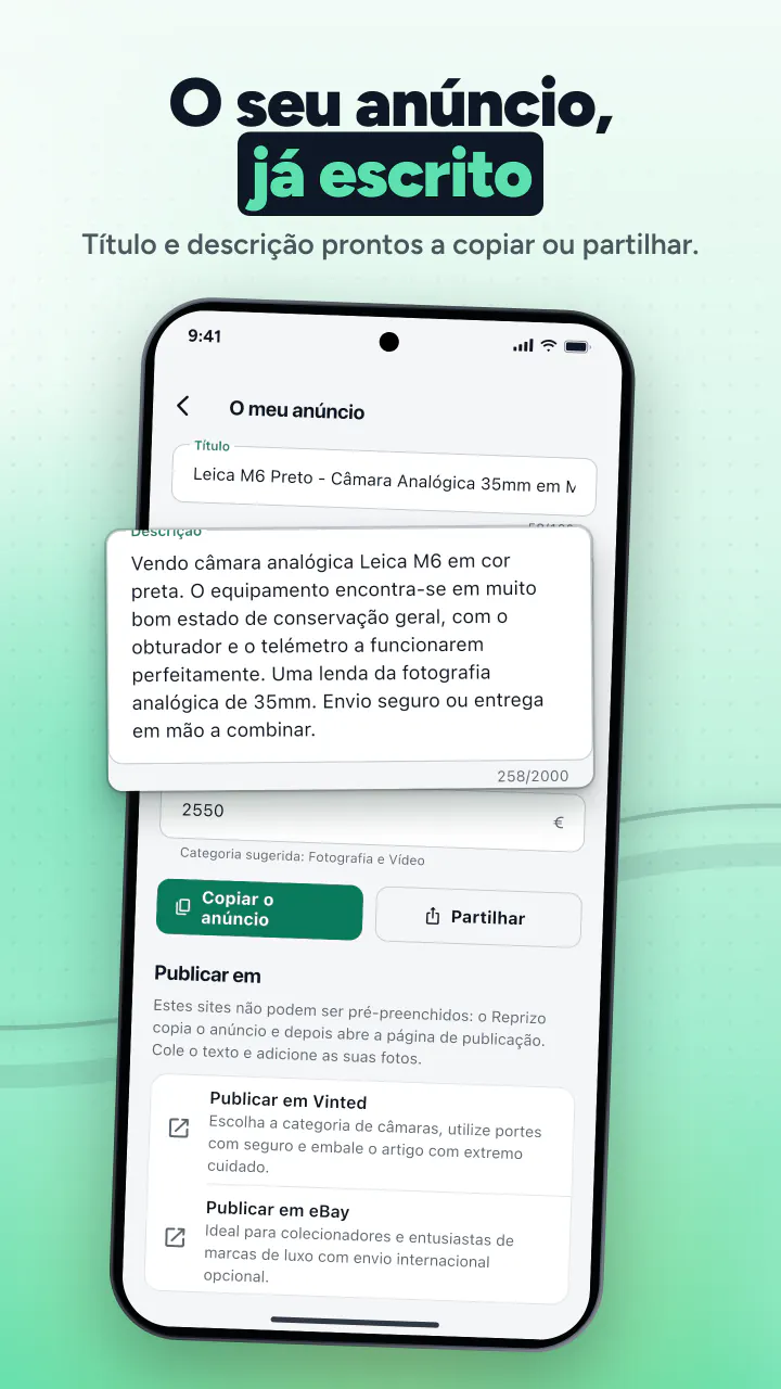 O seu anúncio, já escrito. Título e descrição prontos a copiar ou partilhar.