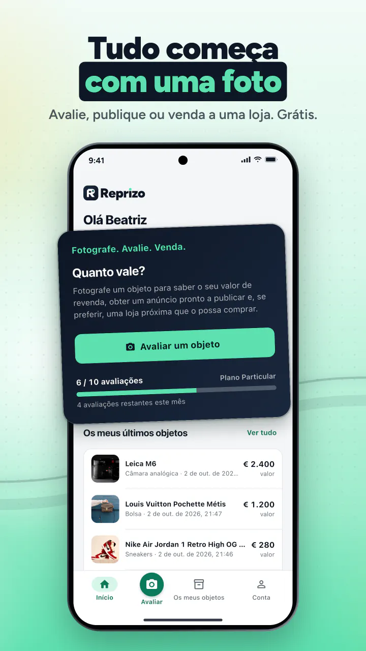 Tudo começa com uma foto. Avalie, publique ou venda a uma loja. Grátis.