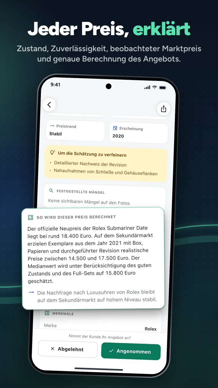 Jeder Preis, erklärt. Zustand, Zuverlässigkeit, beobachteter Marktpreis und genaue Berechnung des Angebots.