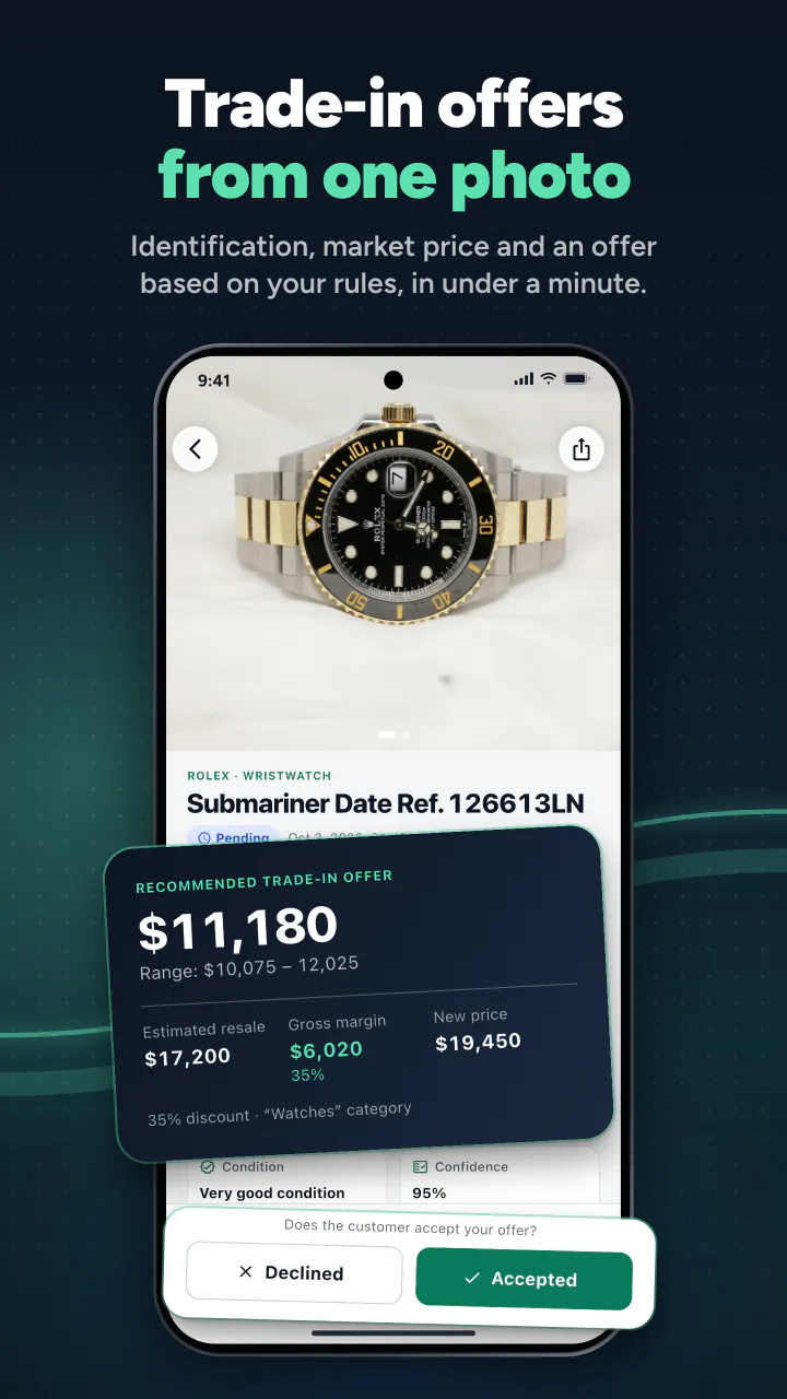 Trade-in offers from one photo. Identification, market price and an offer based on your rules, in under 15 seconds.