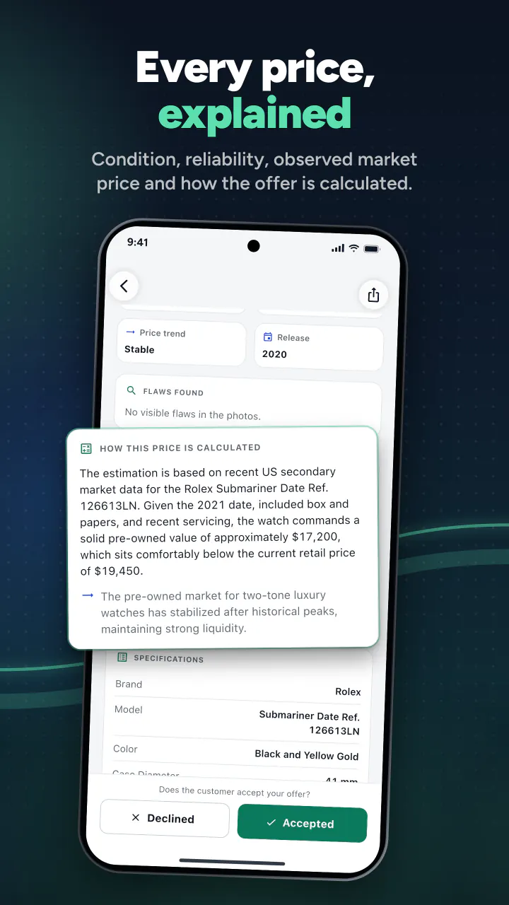 Every price, explained. Condition, reliability, observed market price and how the offer is calculated.