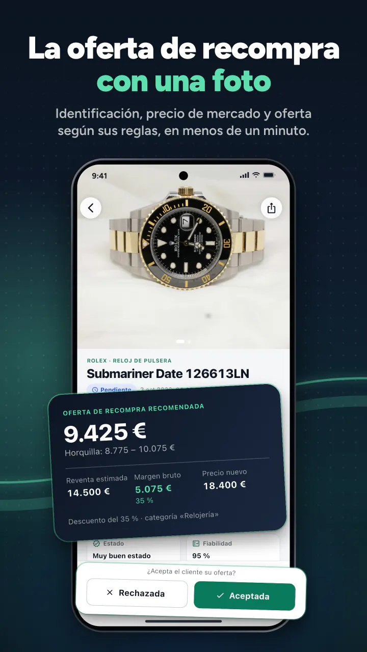 La oferta de recompra con una foto. Identificación, precio de mercado y oferta según sus reglas, en menos de 15 segundos.