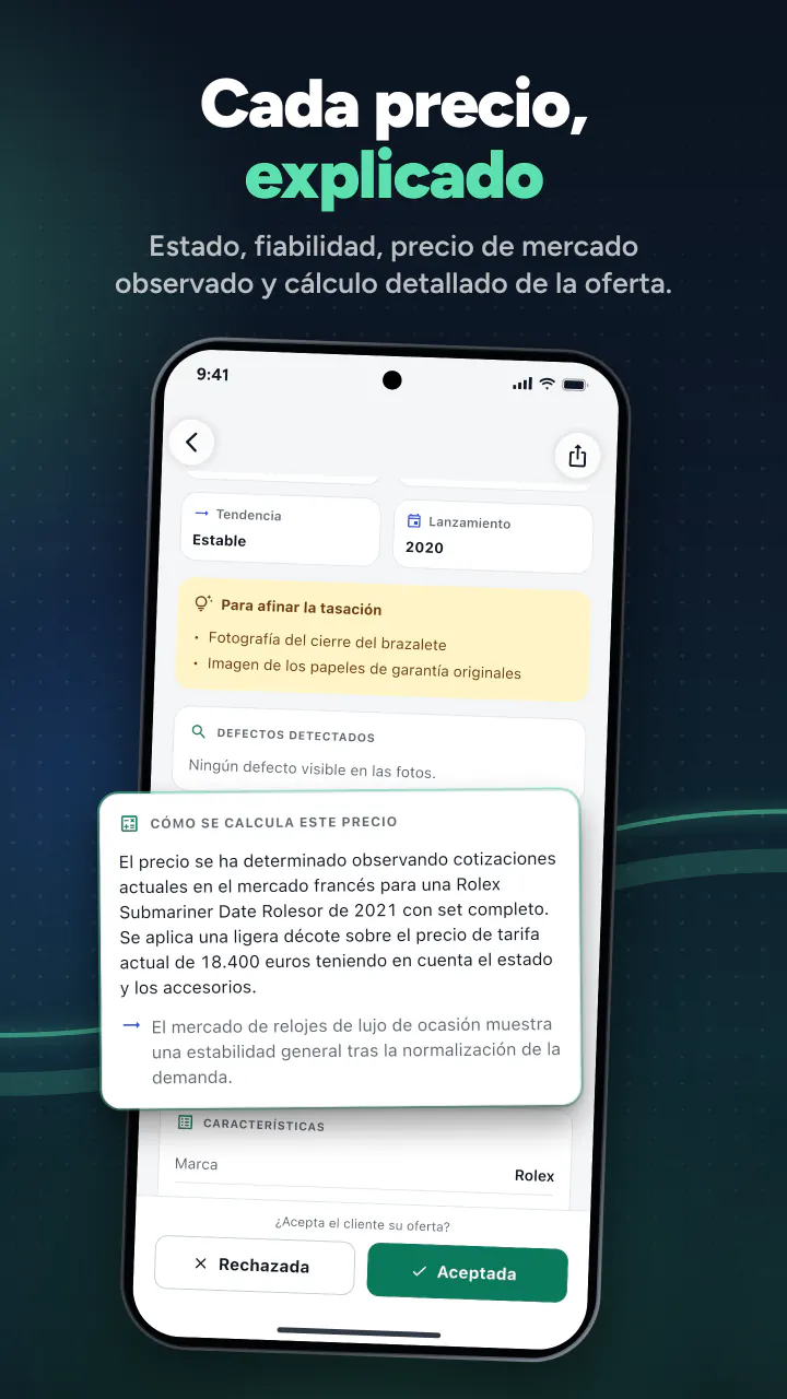 Cada precio, explicado. Estado, fiabilidad, precio de mercado observado y cálculo detallado de la oferta.