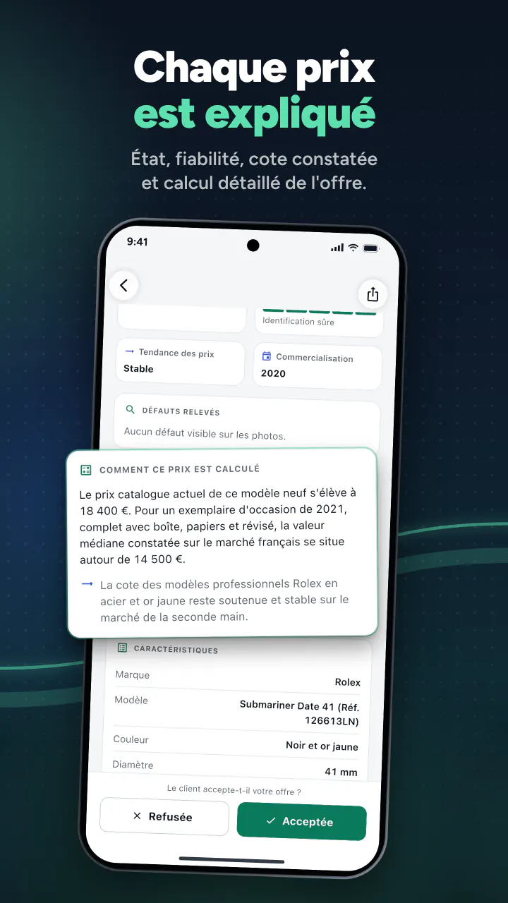 Chaque prix est expliqué. État, fiabilité, cote constatée et calcul détaillé de l'offre.