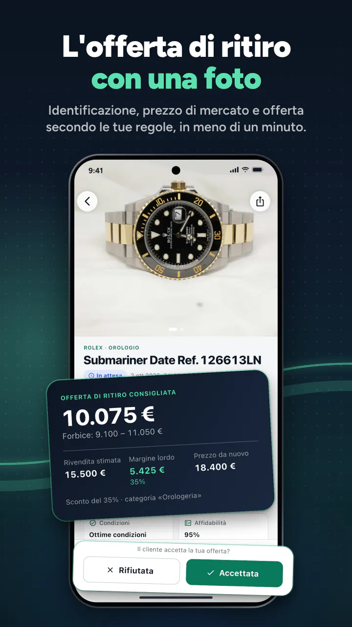 L'offerta di ritiro con una foto. Identificazione, prezzo di mercato e offerta secondo le tue regole, in meno di 15 secondi.