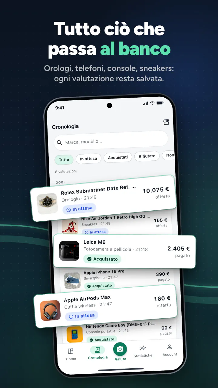 Tutto ciò che passa al banco. Orologi, telefoni, console, sneakers: ogni valutazione resta salvata.