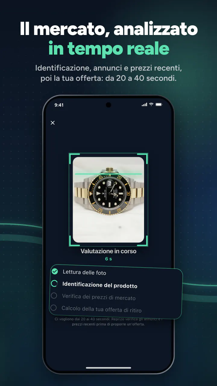 Il mercato, analizzato in tempo reale. Identificazione, annunci e prezzi recenti, poi la tua offerta: meno di 15 secondi.
