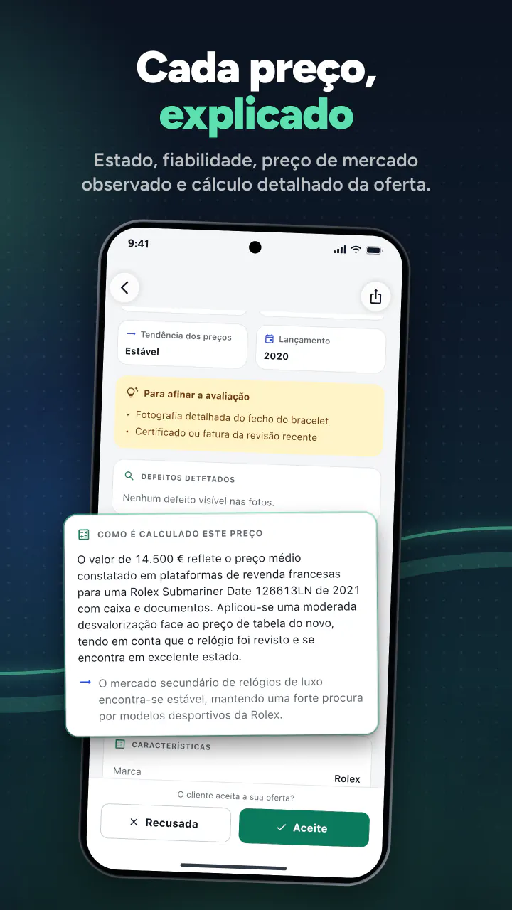 Cada preço, explicado. Estado, fiabilidade, preço de mercado observado e cálculo detalhado da oferta.